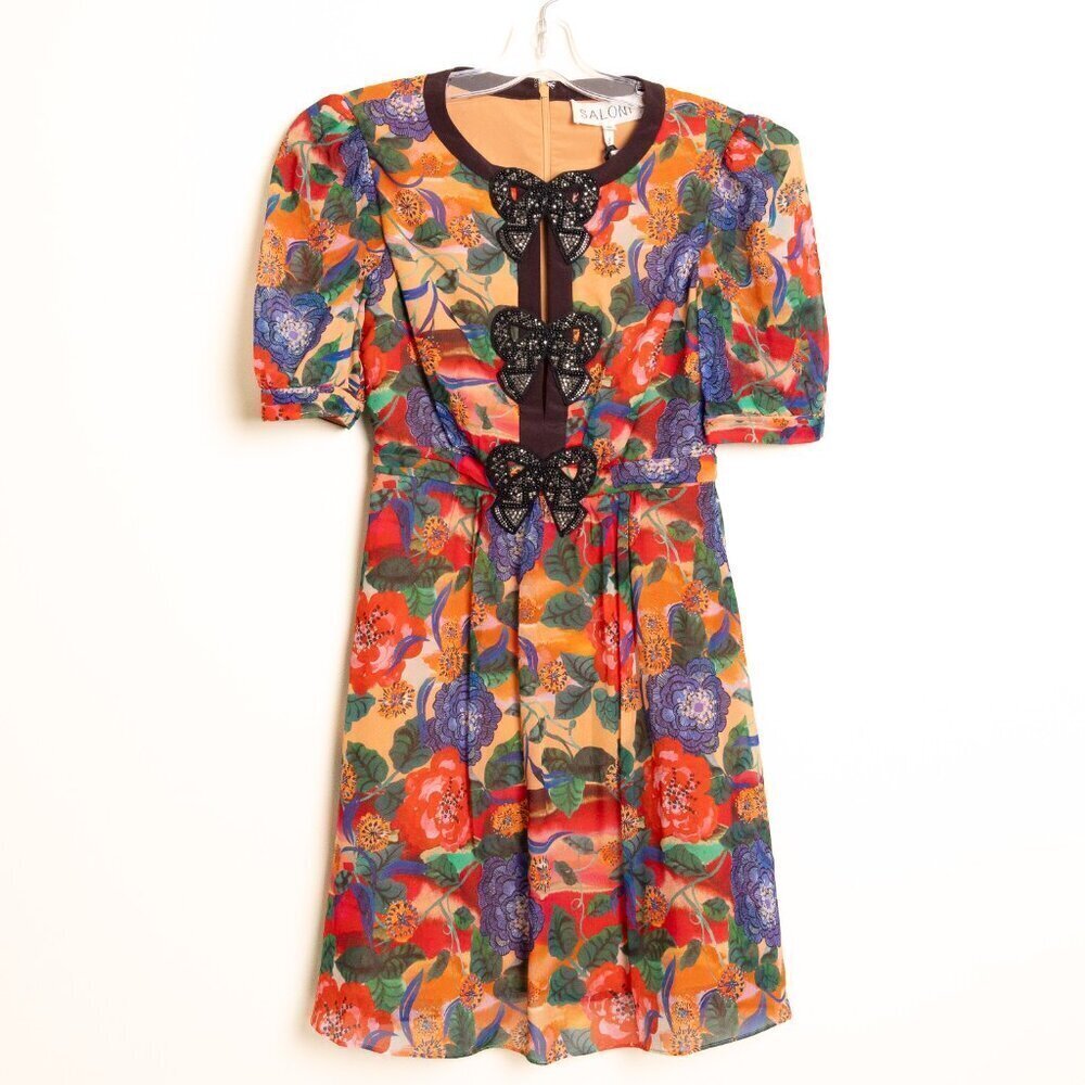 Saloni Jamie Short Dress 100% Silk Floral Beaded Bow Size 0 / XS - Picture 2 of 15